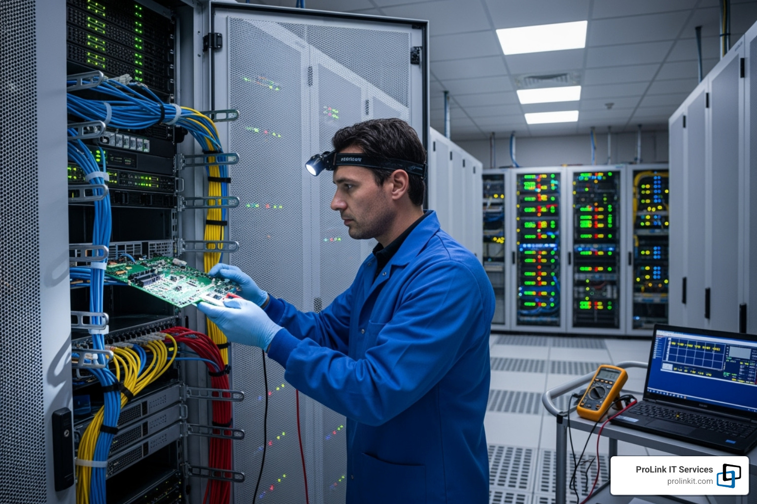 A technician working in a clean server room, surrounded by blinking lights and neatly organized cables - outsource it utah