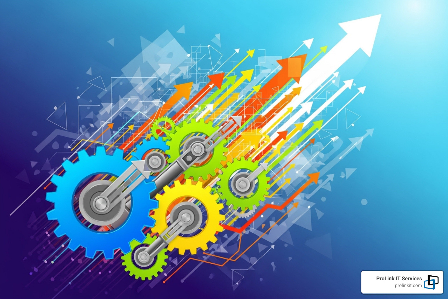 A vibrant infographic showing upward business growth and efficiency, with interconnected gears representing IT services and business operations - outsource it utah