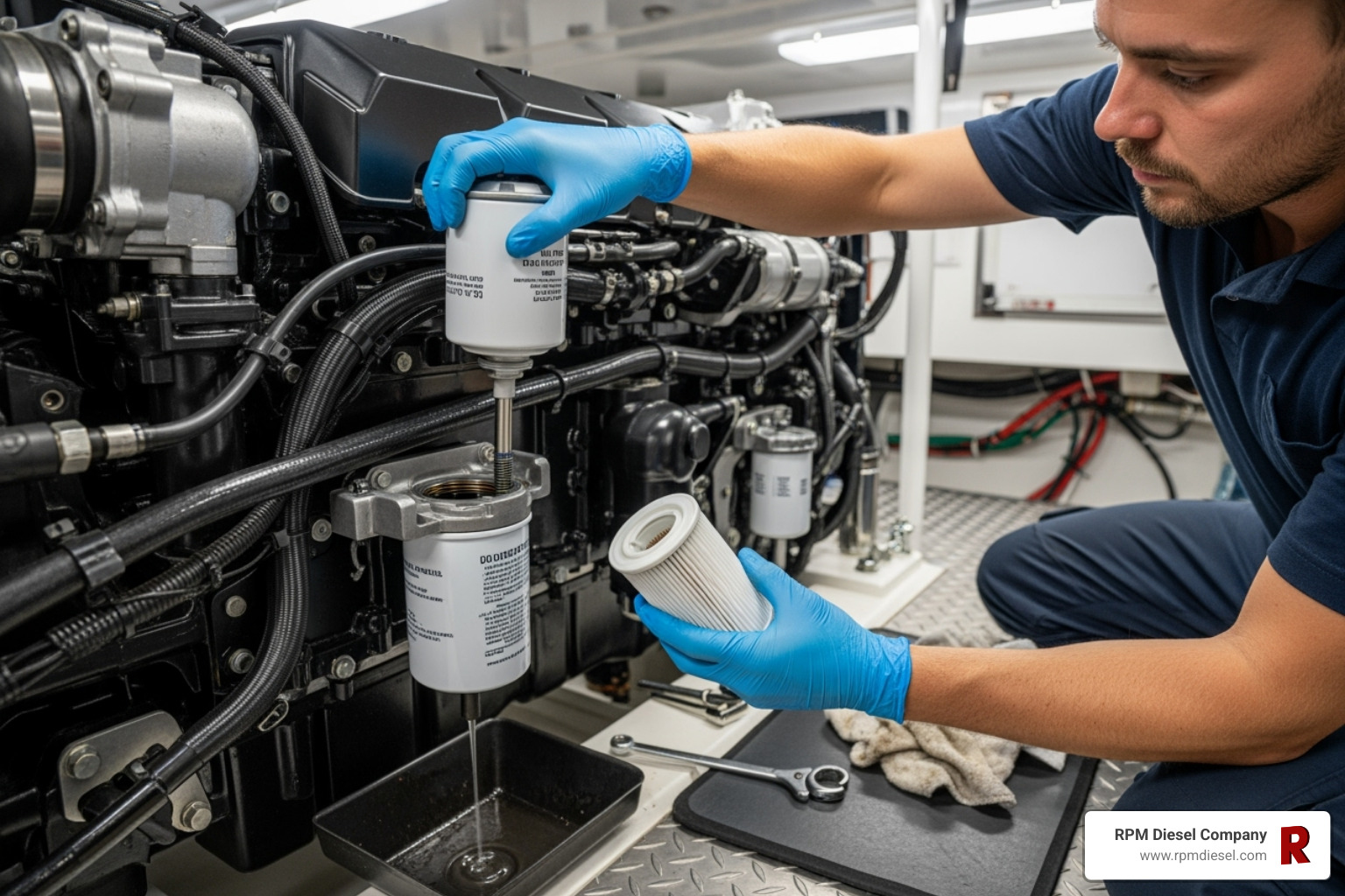 A technician replacing a fuel filter on a marine diesel engine - Heavy-duty diesel maintenance