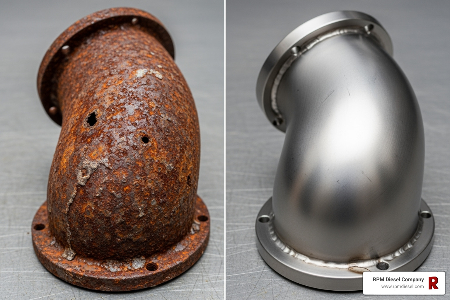 Comparison of a corroded marine exhaust elbow next to a new, clean exhaust elbow - Heavy-duty diesel maintenance
