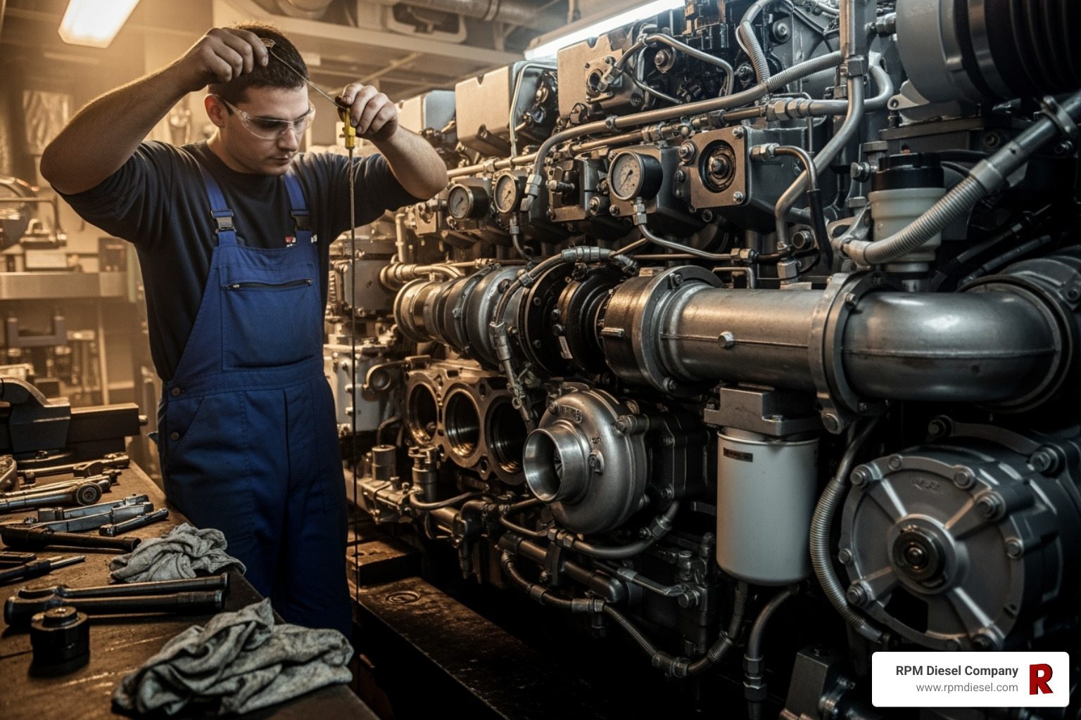 A technician checking the oil level on a marine diesel engine - Heavy-duty diesel maintenance