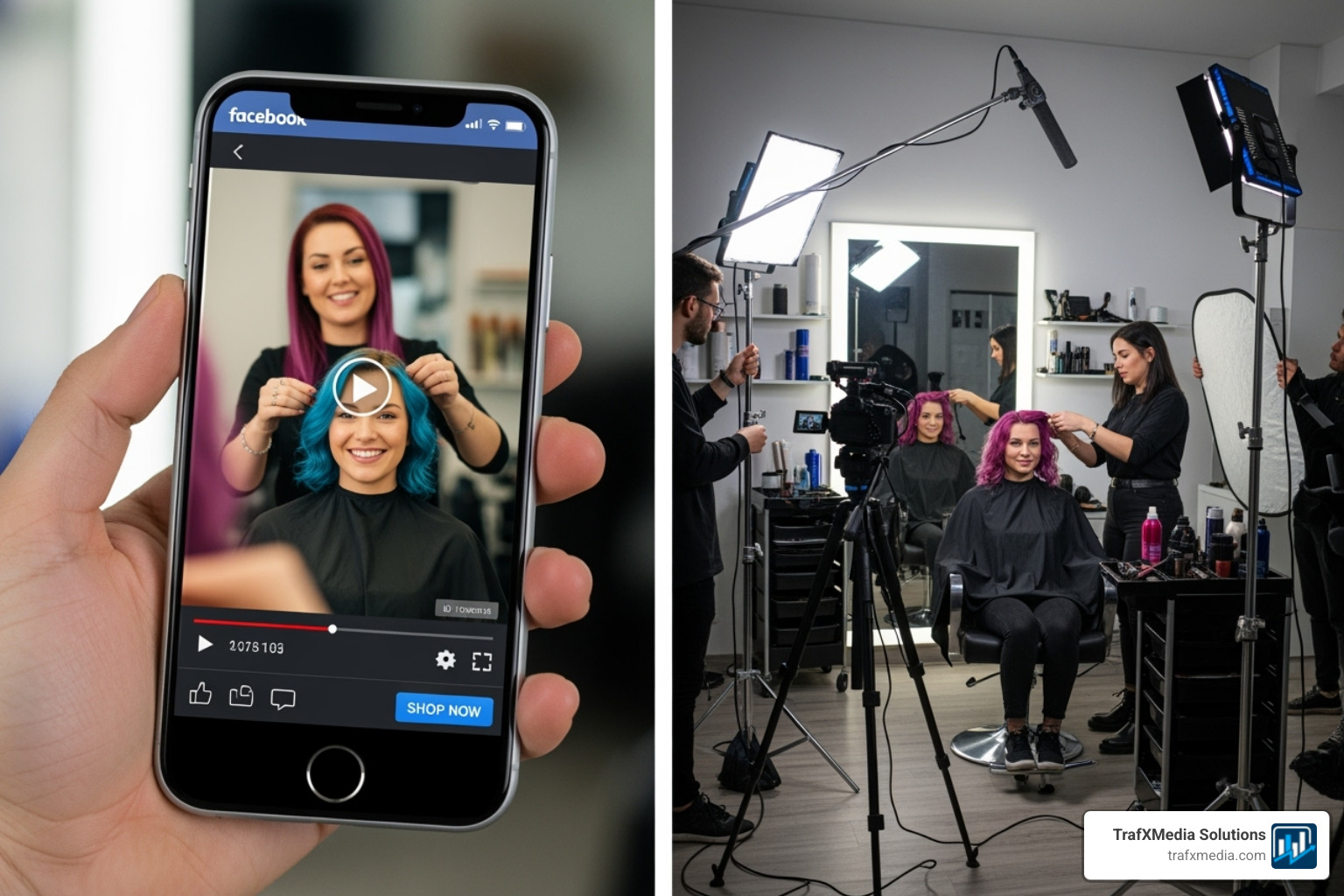 A split-screen showing a compelling Facebook video ad for a salon on a smartphone, featuring a white woman getting her hair styled, and a behind-the-scenes shot of the video being filmed - Facebook marketing for salons