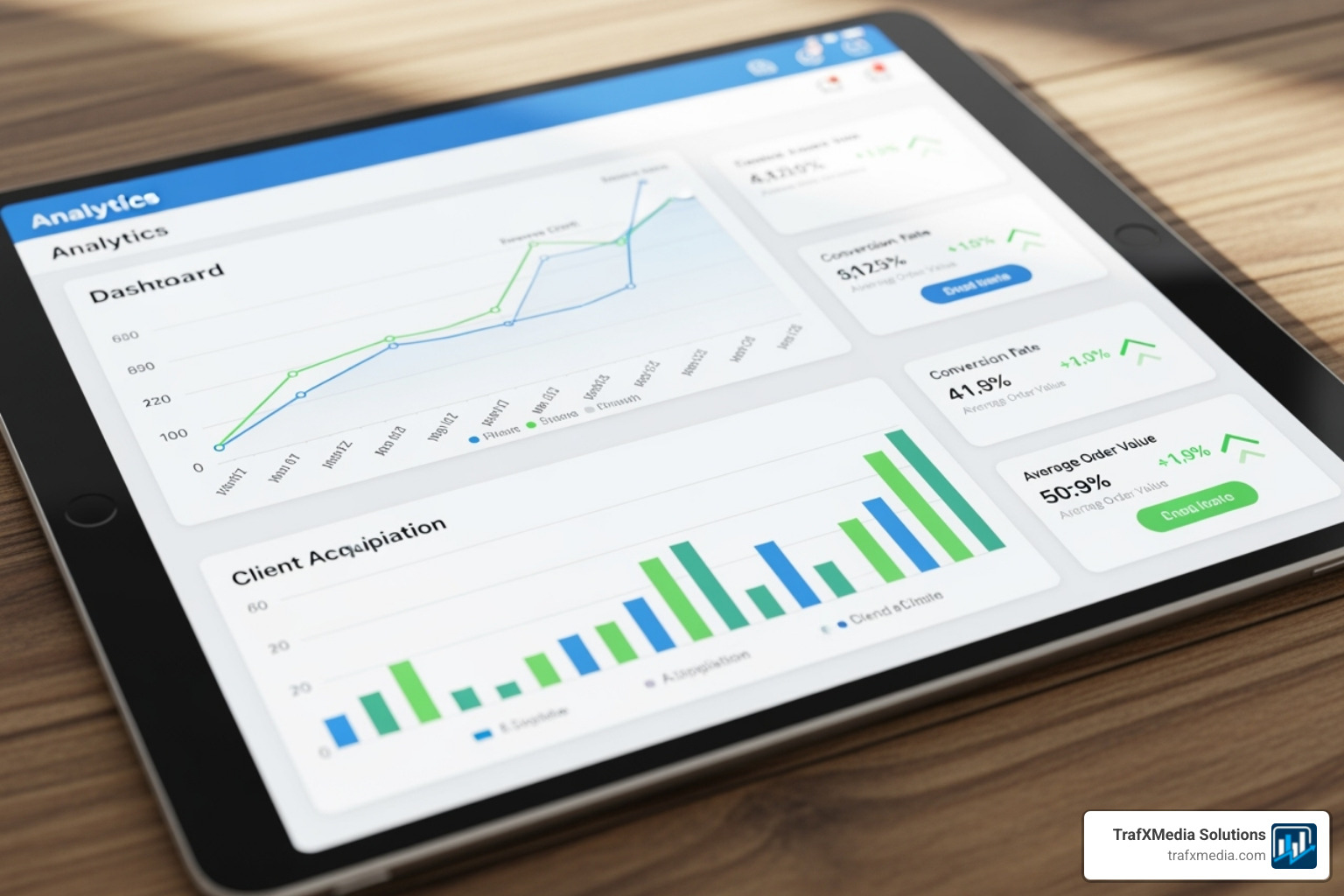A tablet displaying a clean analytics dashboard with positive performance graphs for a salon's ad campaign, showing revenue growth and client acquisition - Facebook marketing for salons