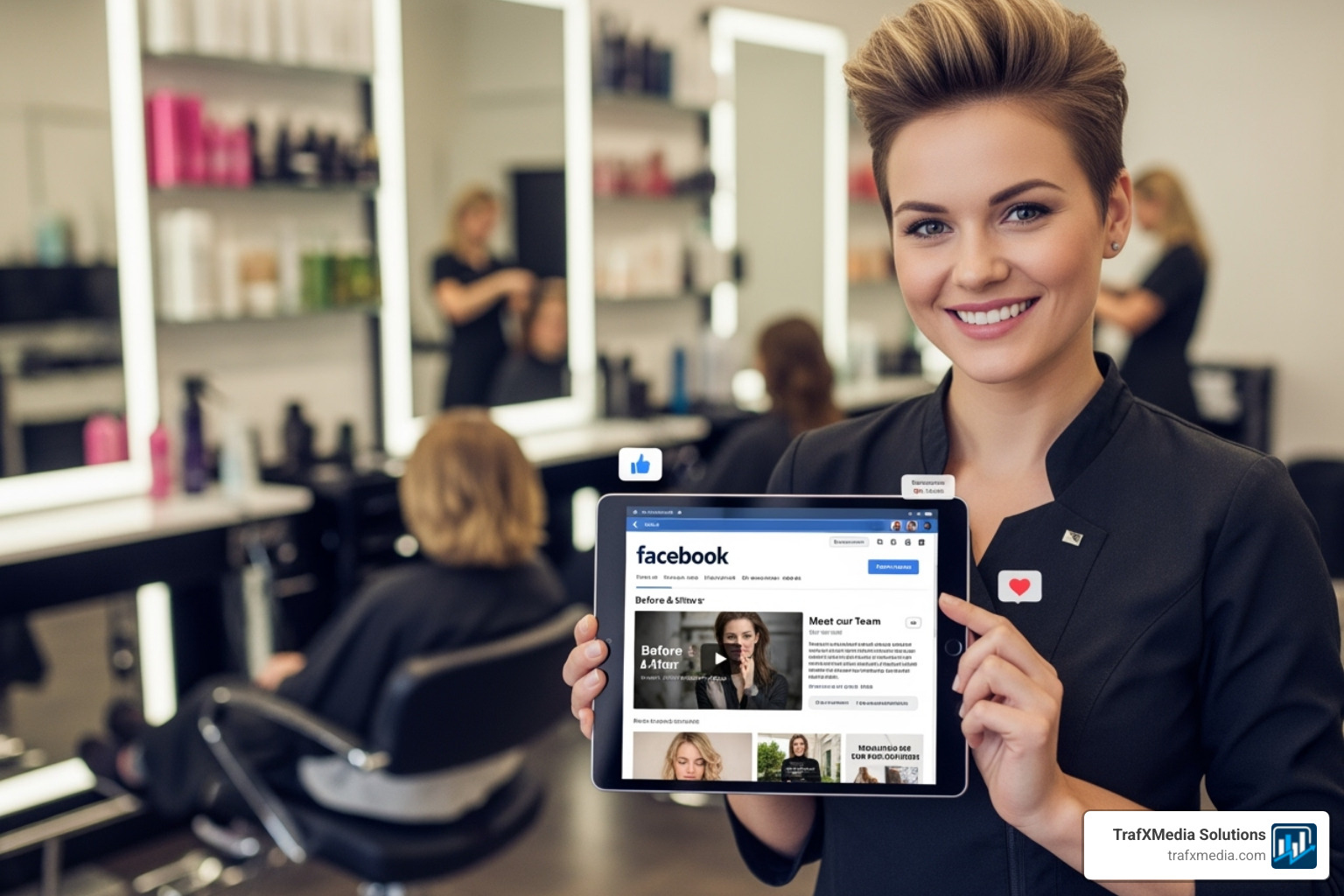 A laptop screen showing a professionally designed Facebook Business Page for a modern hair salon with white stylists and clients - Facebook marketing for salons