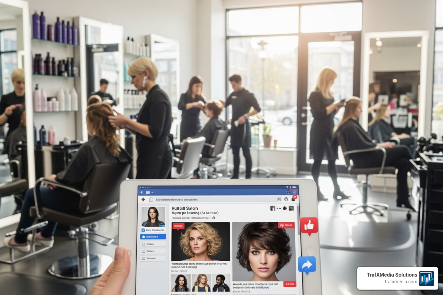 A marketing professional, a white woman, sketching a customer journey funnel on a whiteboard for a salon, indicating client acquisition steps - Facebook marketing for salons