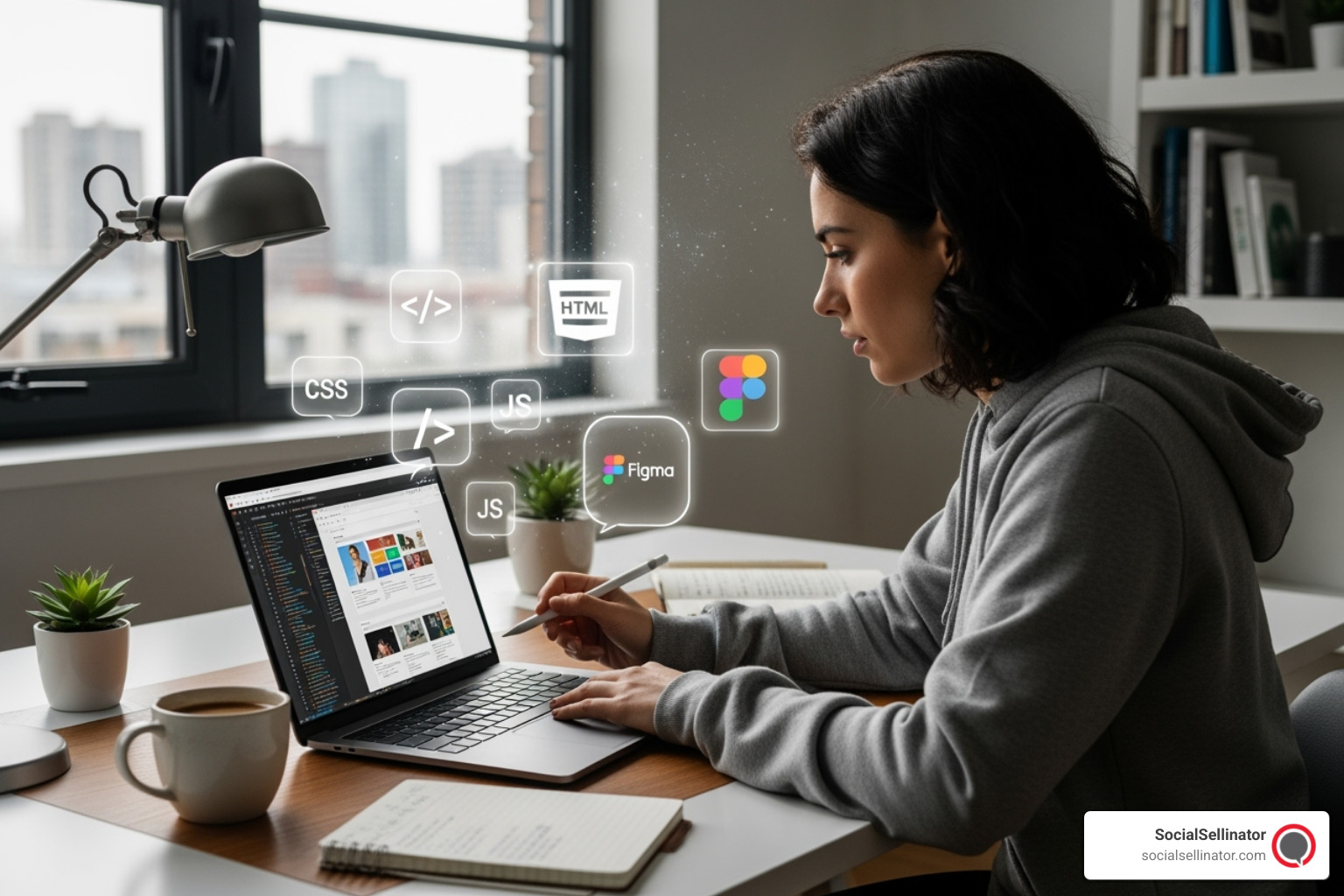 Person studying web design and development with icons for HTML, CSS, JavaScript, and Figma - Web Design & Development