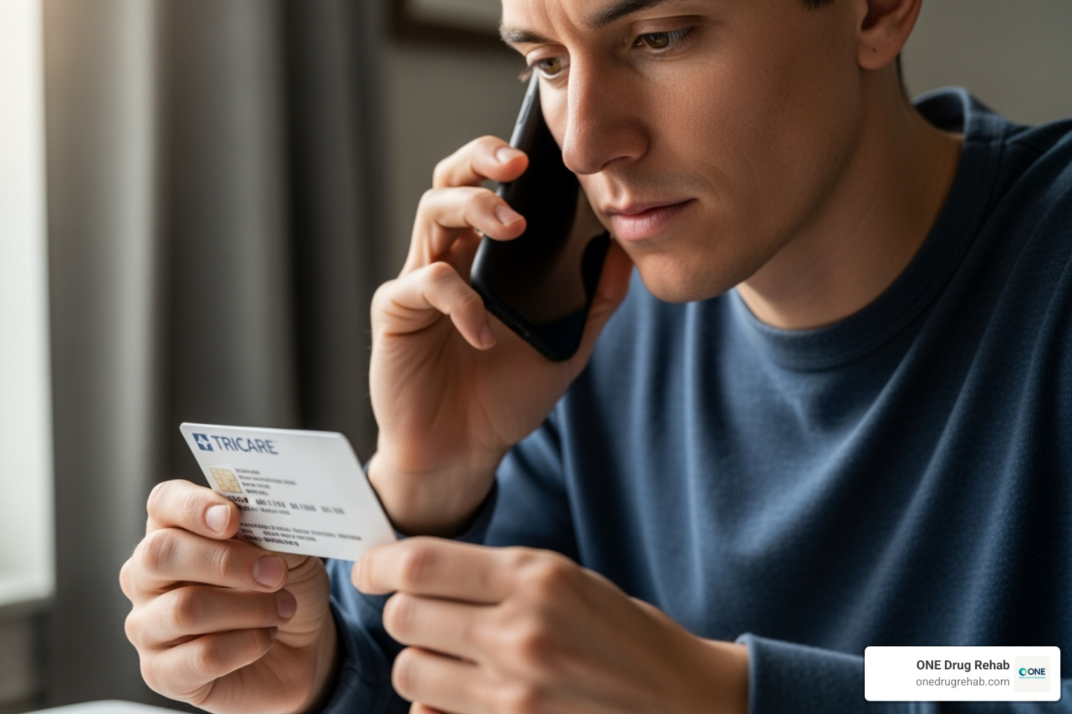 person on a phone call looking at their TRICARE card - tricare rehab coverage