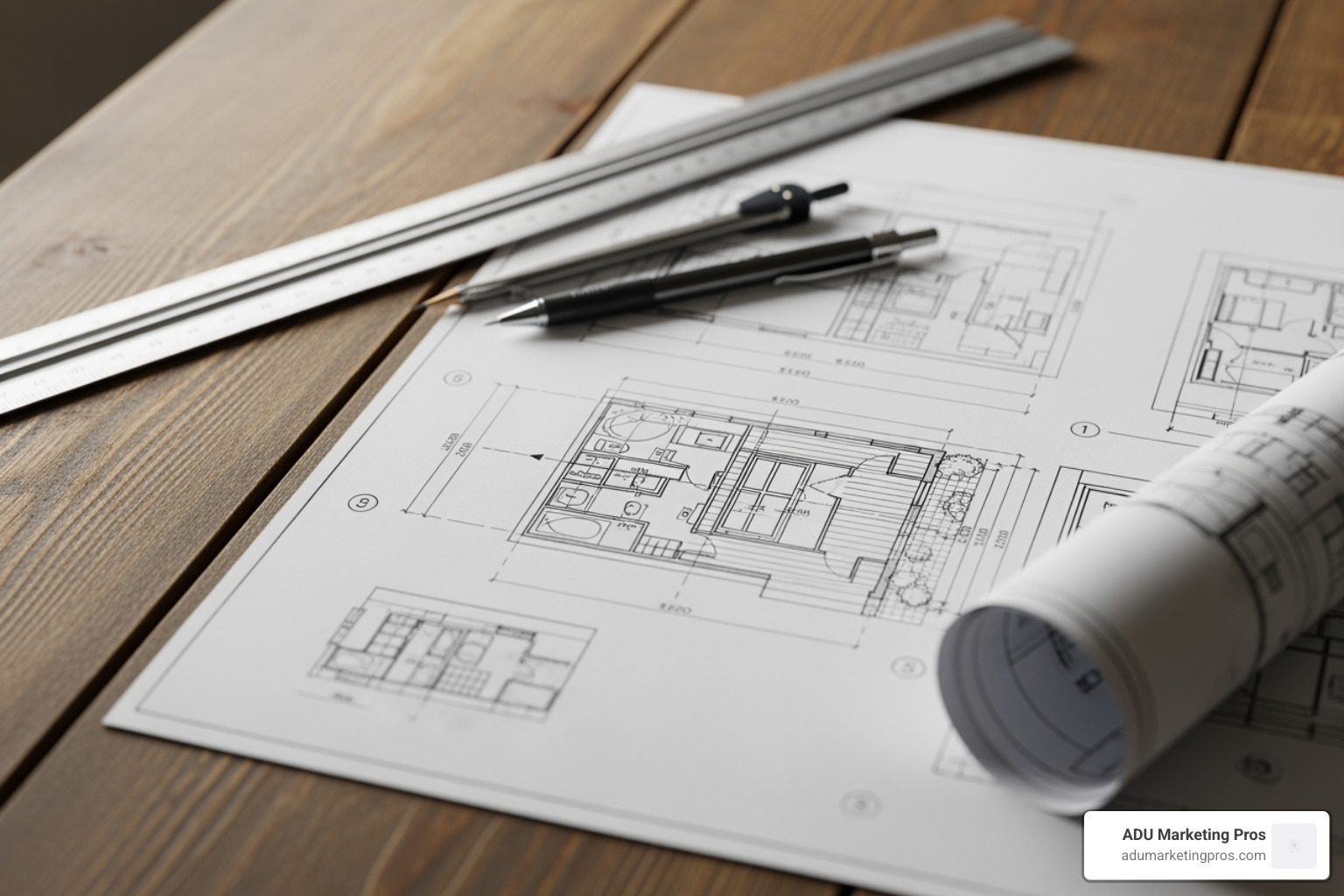 blueprint ADU tiny home wooden table - tiny house southern california