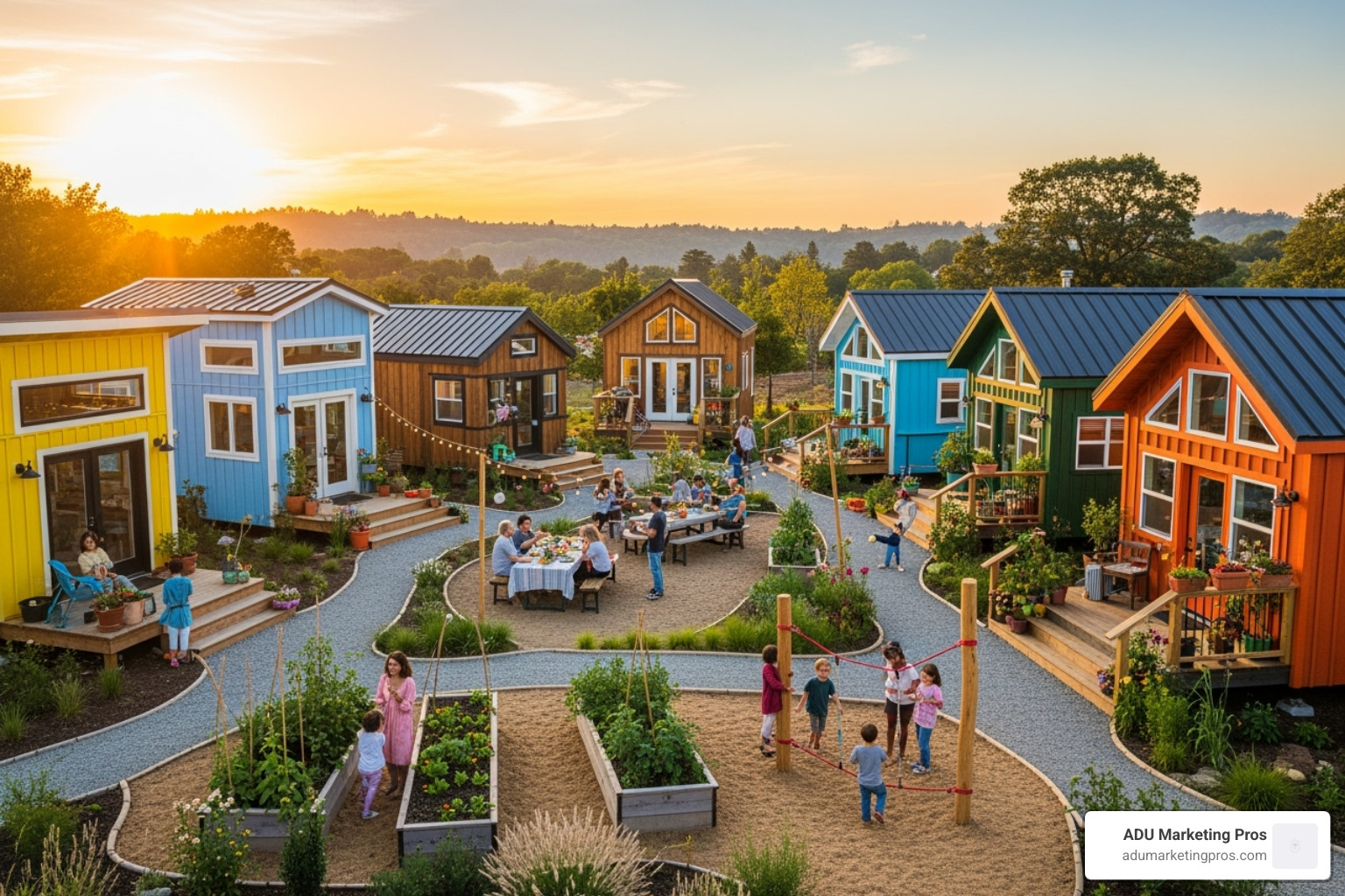 vibrant tiny home community shared green spaces socializing - tiny house southern california