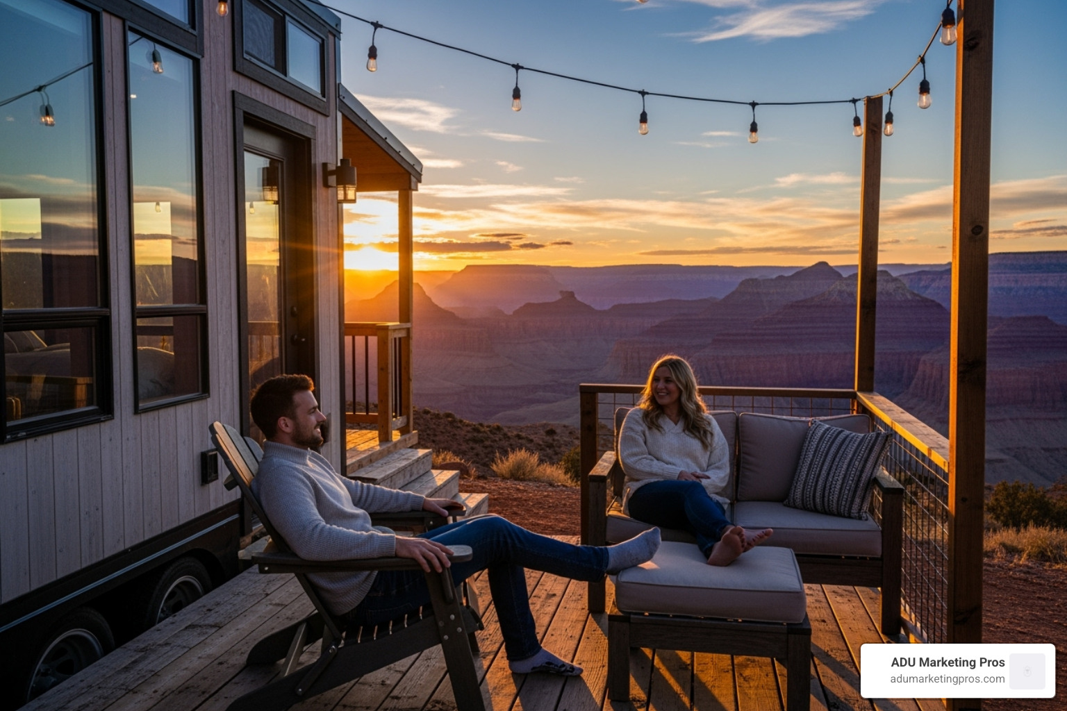 couple enjoying outdoor living space tiny home canyon - tiny house southern california