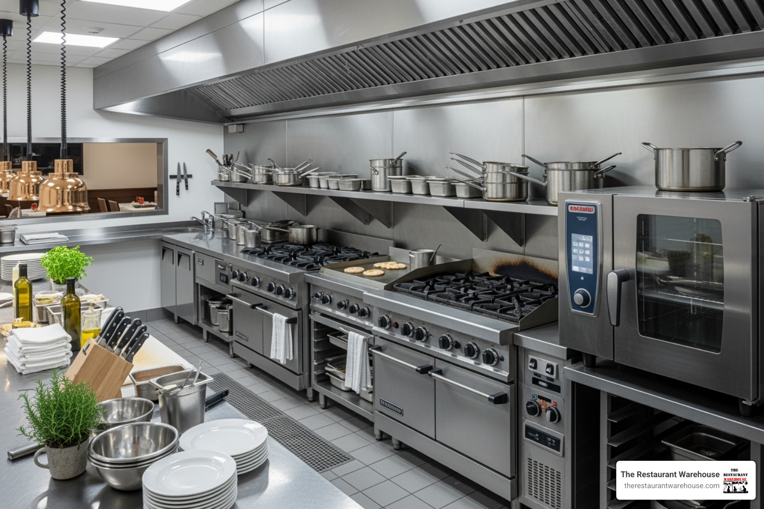Gleaming, well-maintained commercial kitchen line - restaurant equipment service Gleaming, well-maintained commercial kitchen line - restaurant equipment service