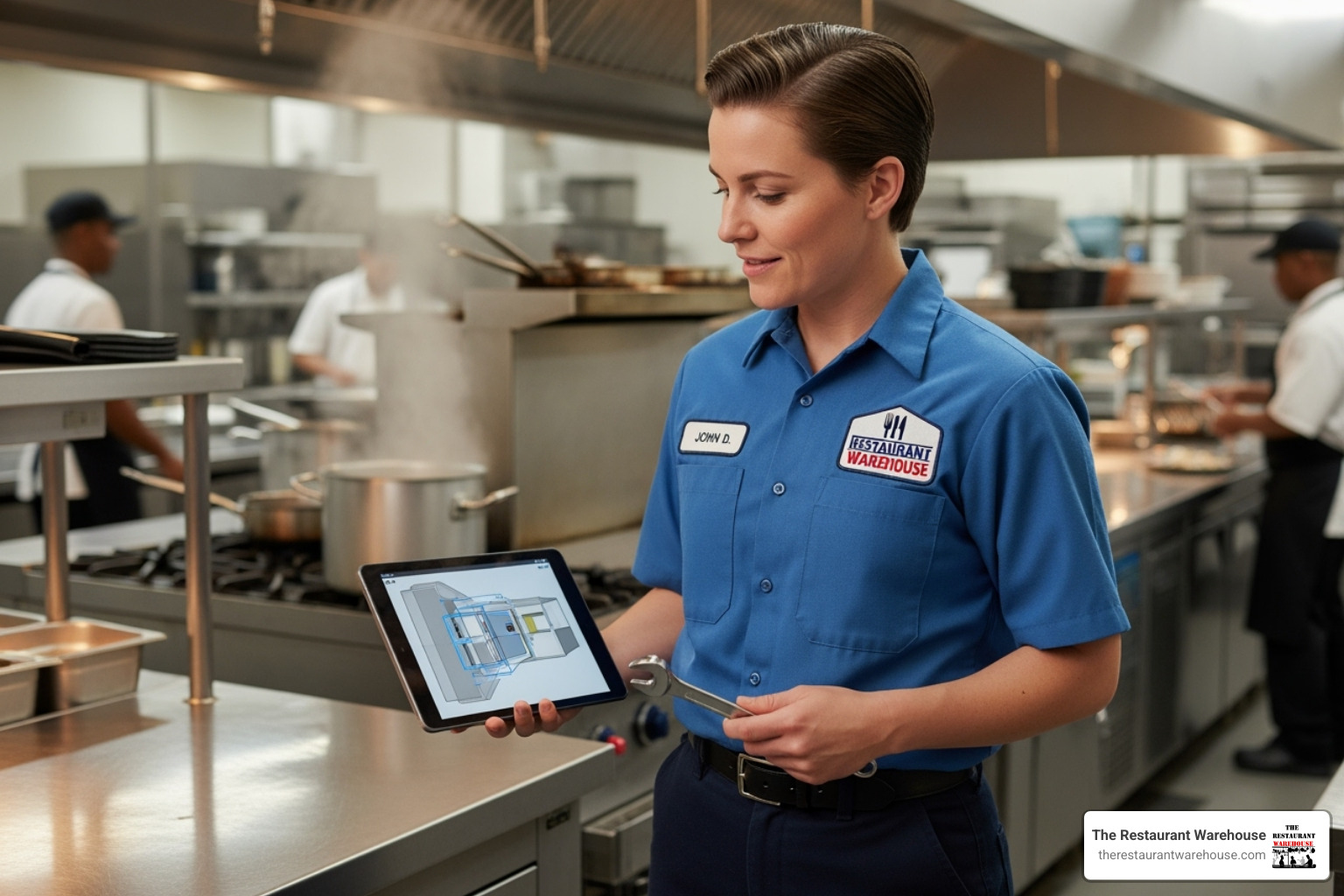 Certified technician with The Restaurant Warehouse logo on their uniform - restaurant equipment service Certified technician with The Restaurant Warehouse logo on their uniform - restaurant equipment service