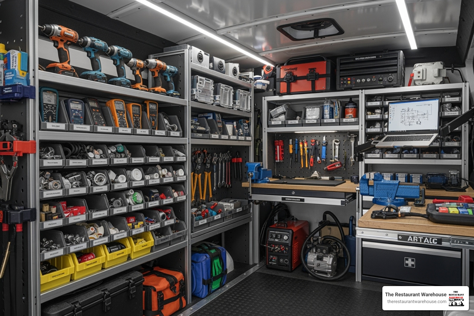 Restaurant Warehouse technician's service van stocked with tools and parts - restaurant equipment service Restaurant Warehouse technician's service van stocked with tools and parts - restaurant equipment service