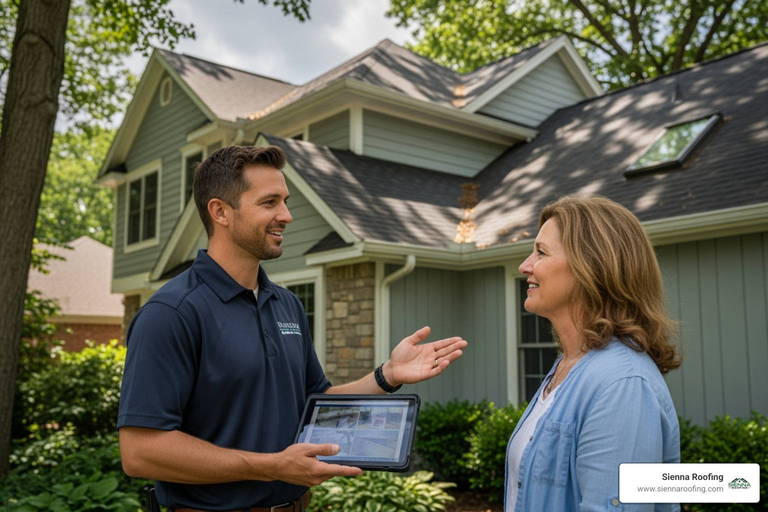 Friendly roofing contractor talking with a homeowner - affordable roofing sugar land