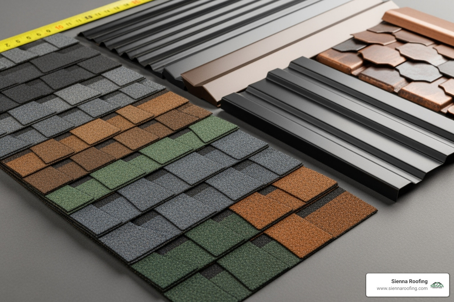 Different roofing material samples like asphalt shingles and metal panels - affordable roofing sugar land