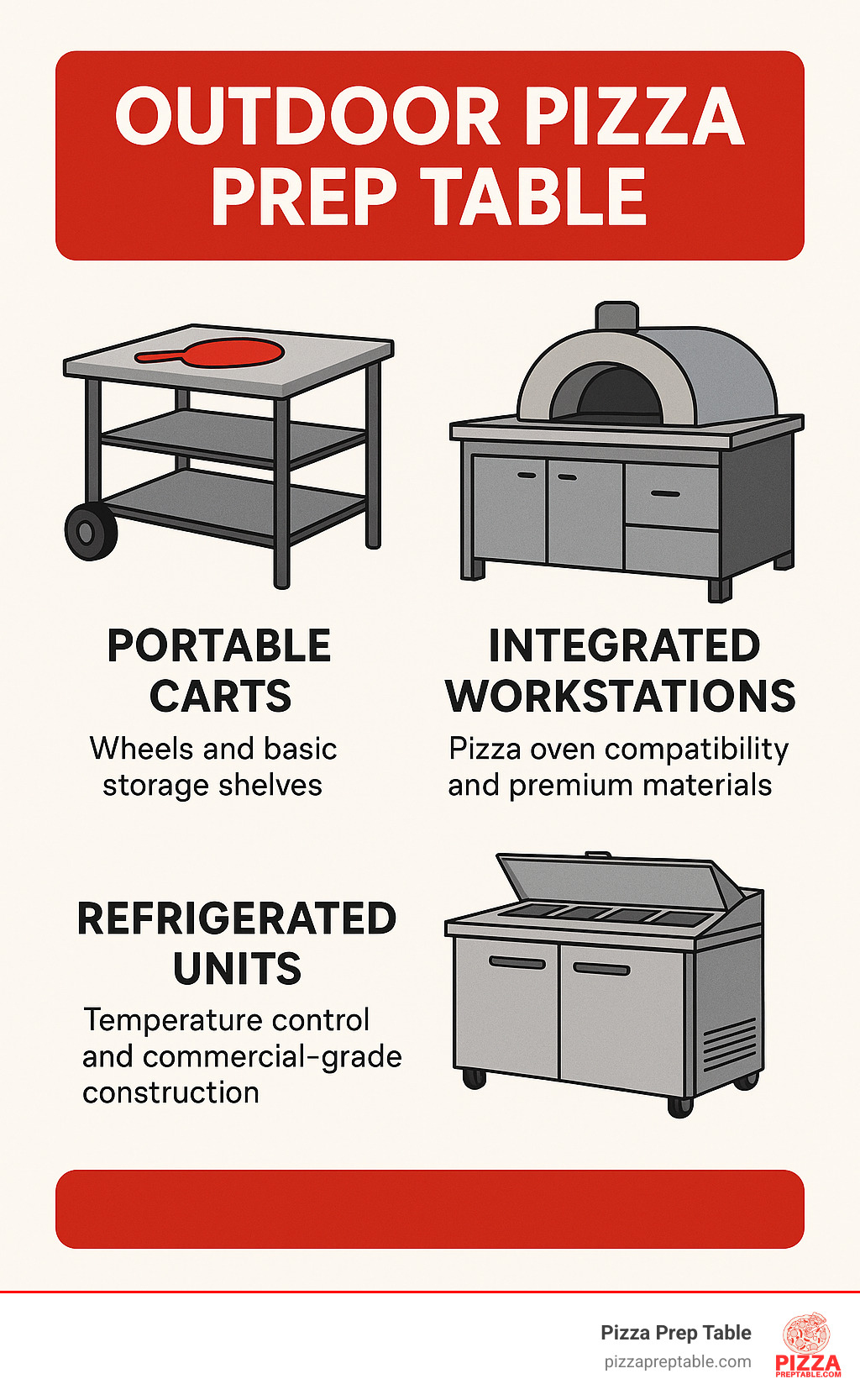 Infographic showing three types of outdoor pizza prep tables: Portable Carts with wheels and basic storage shelves, Integrated Workstations with pizza oven compatibility and premium materials, and Refrigerated Units with temperature control and commercial-grade construction - outdoor pizza prep table infographic 