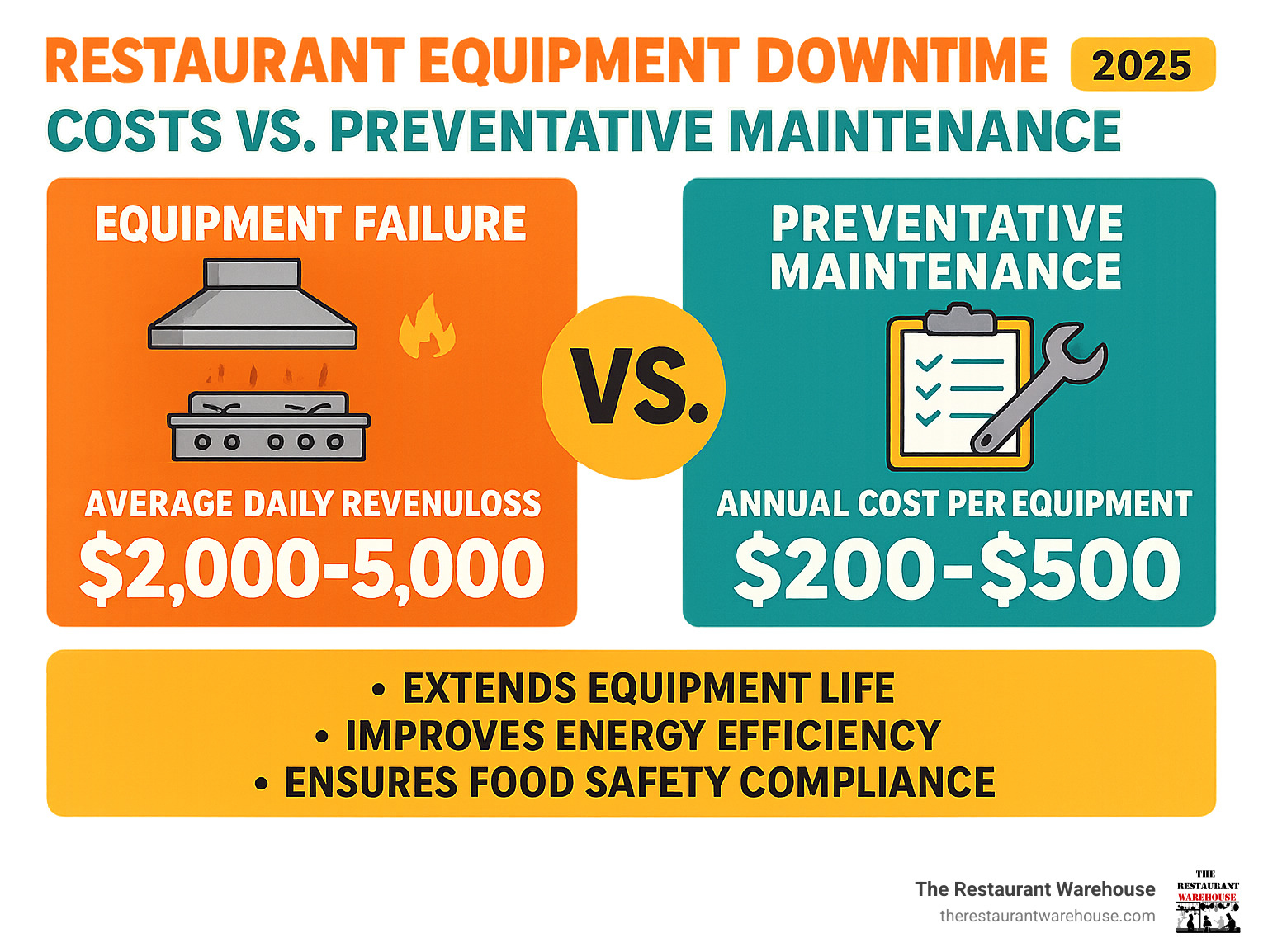 Infographic showing restaurant equipment downtime costs versus preventative maintenance savings, including average daily revenue loss of $2000-5000 during equipment failures compared to annual maintenance costs of $200-500 per equipment piece, with additional benefits like extended equipment life, energy efficiency, and food safety compliance - restaurant equipment service infographic Infographic showing restaurant equipment downtime costs versus preventative maintenance savings, including average daily revenue loss of $2000-5000 during equipment failures compared to annual maintenance costs of $200-500 per equipment piece, with additional benefits like extended equipment life, energy efficiency, and food safety compliance - restaurant equipment service infographic