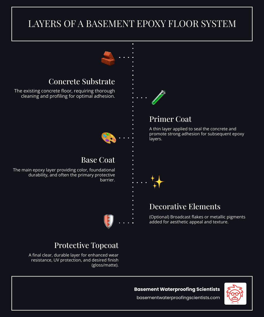 Detailed cross-section infographic showing basement epoxy floor system layers from concrete substrate through primer, base coat, decorative elements, and protective topcoat with labels for each component - basement epoxy floor infographic infographic-line-5-steps-dark