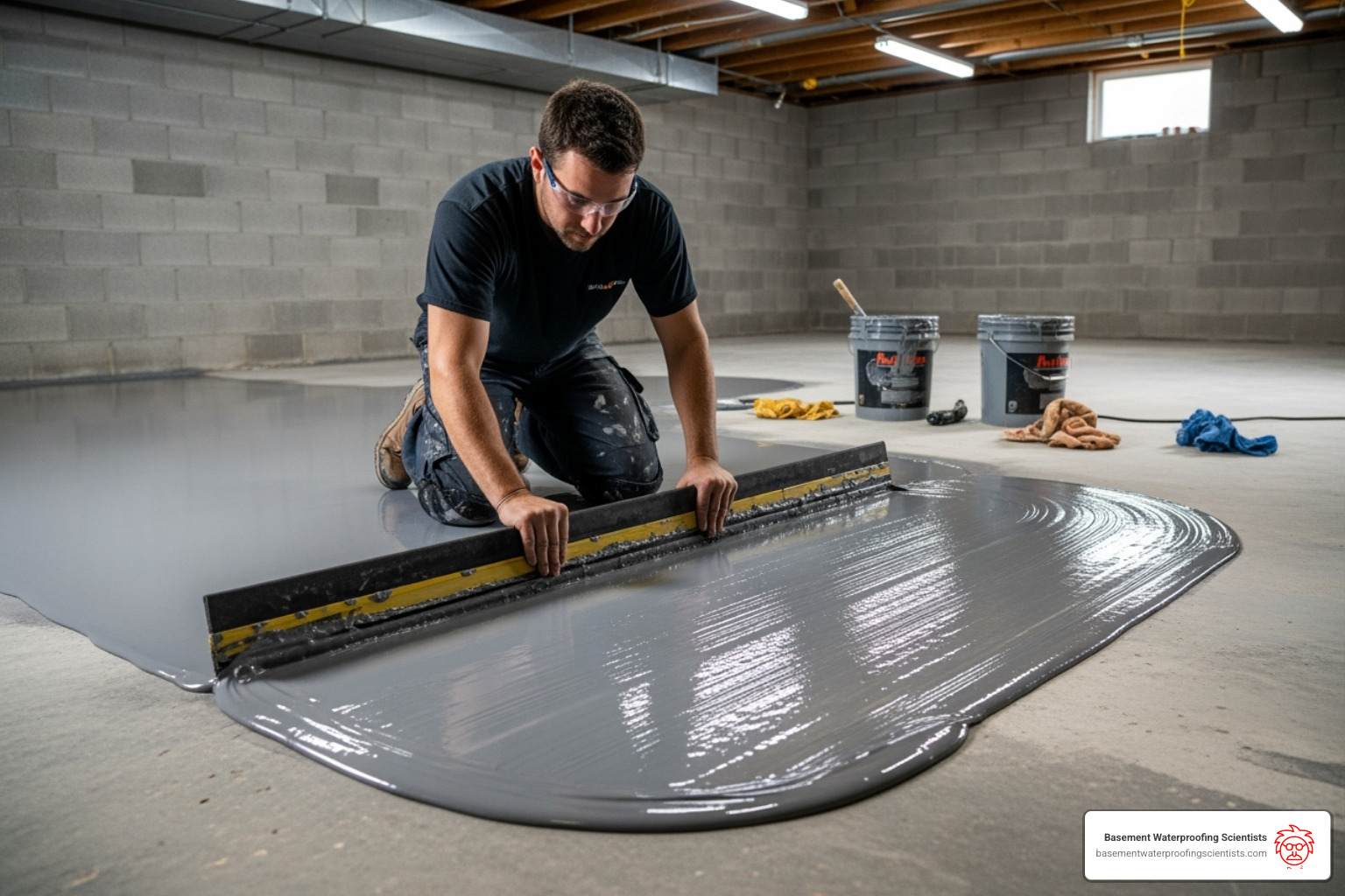 professional installer spreading epoxy with a squeegee - basement epoxy floor