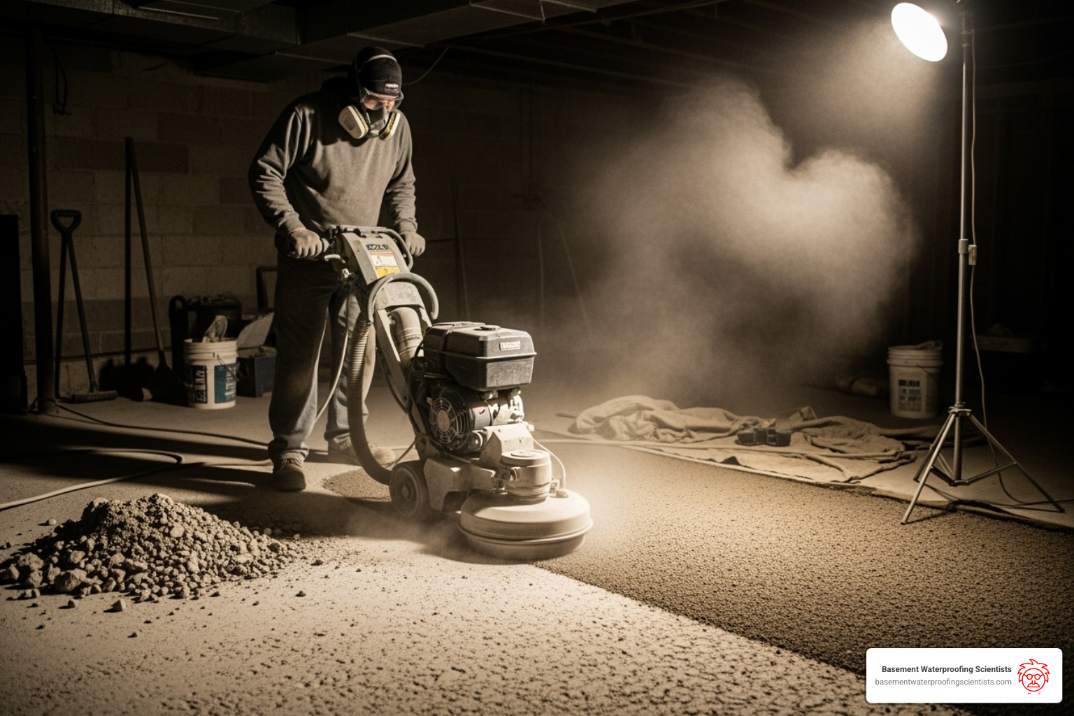 concrete floor being prepped with a grinder - basement epoxy floor