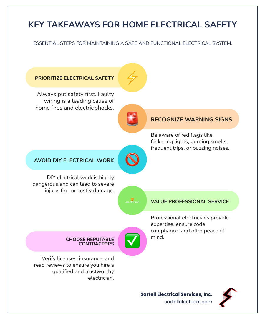Infographic summarizing key takeaways for choosing an electrician - home electrical repair services near me infographic infographic-line-5-steps-colors