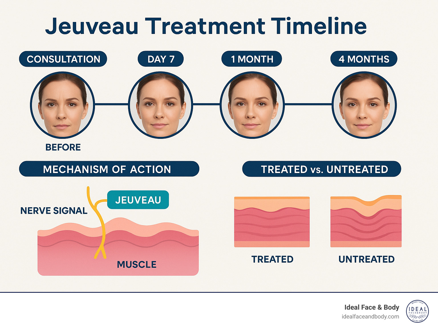 Detailed infographic showing Jeuveau treatment timeline from consultation through 4-month results, including before and after photos at key milestones, mechanism of action showing nerve signal blocking, and comparison of treated vs untreated muscle areas - jeuveau before and after infographic 