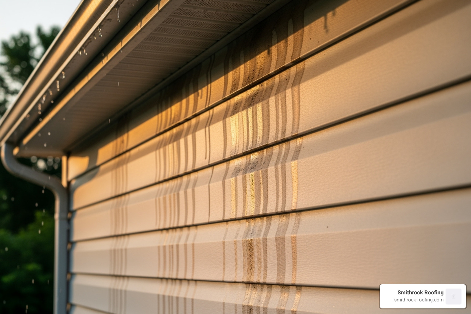 water stains running down the siding of a house below the gutter line - gutter repair near me
