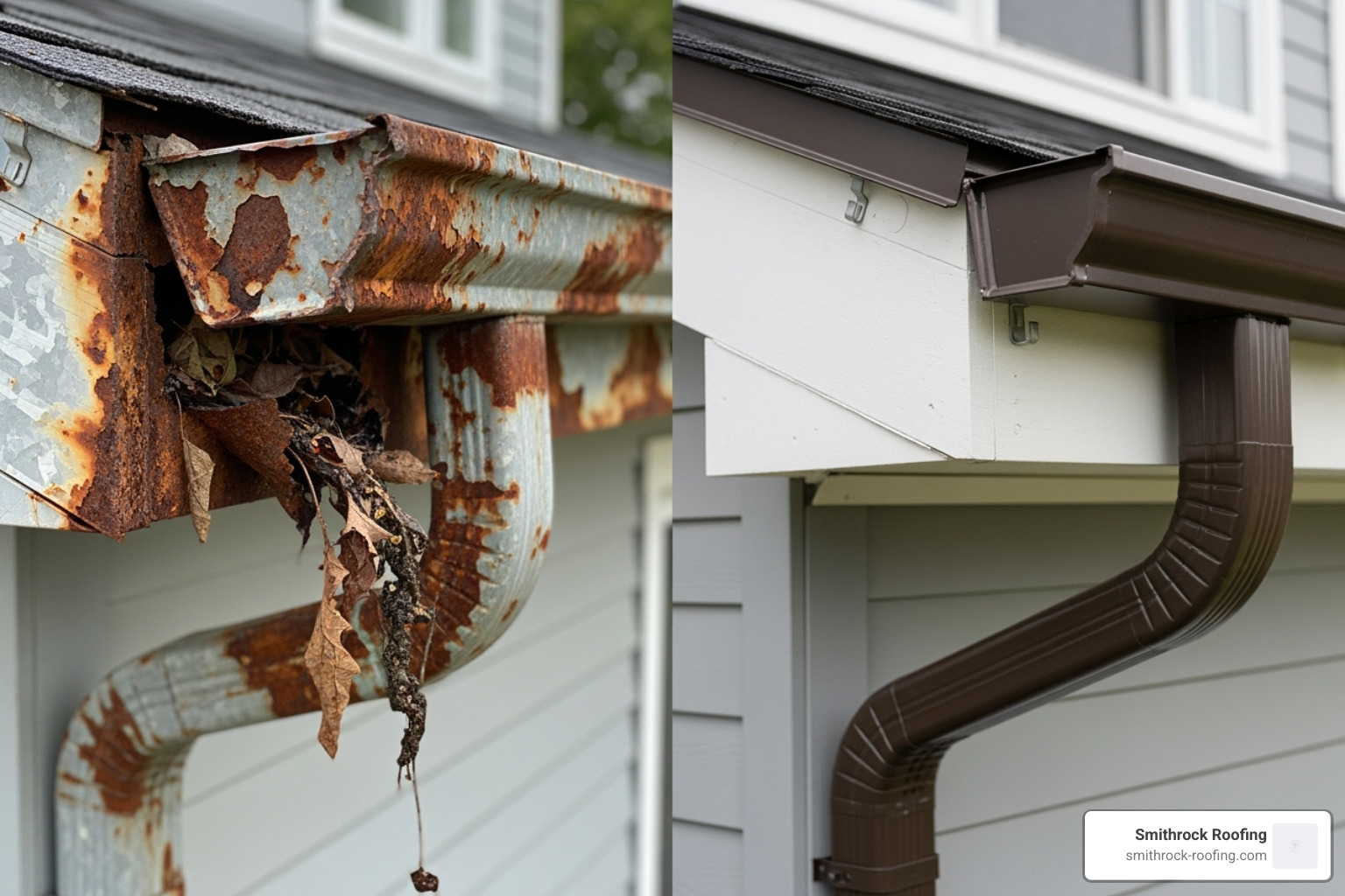 side-by-side comparison of a severely damaged, rusty gutter and a brand new, installed gutter - gutter repair near me