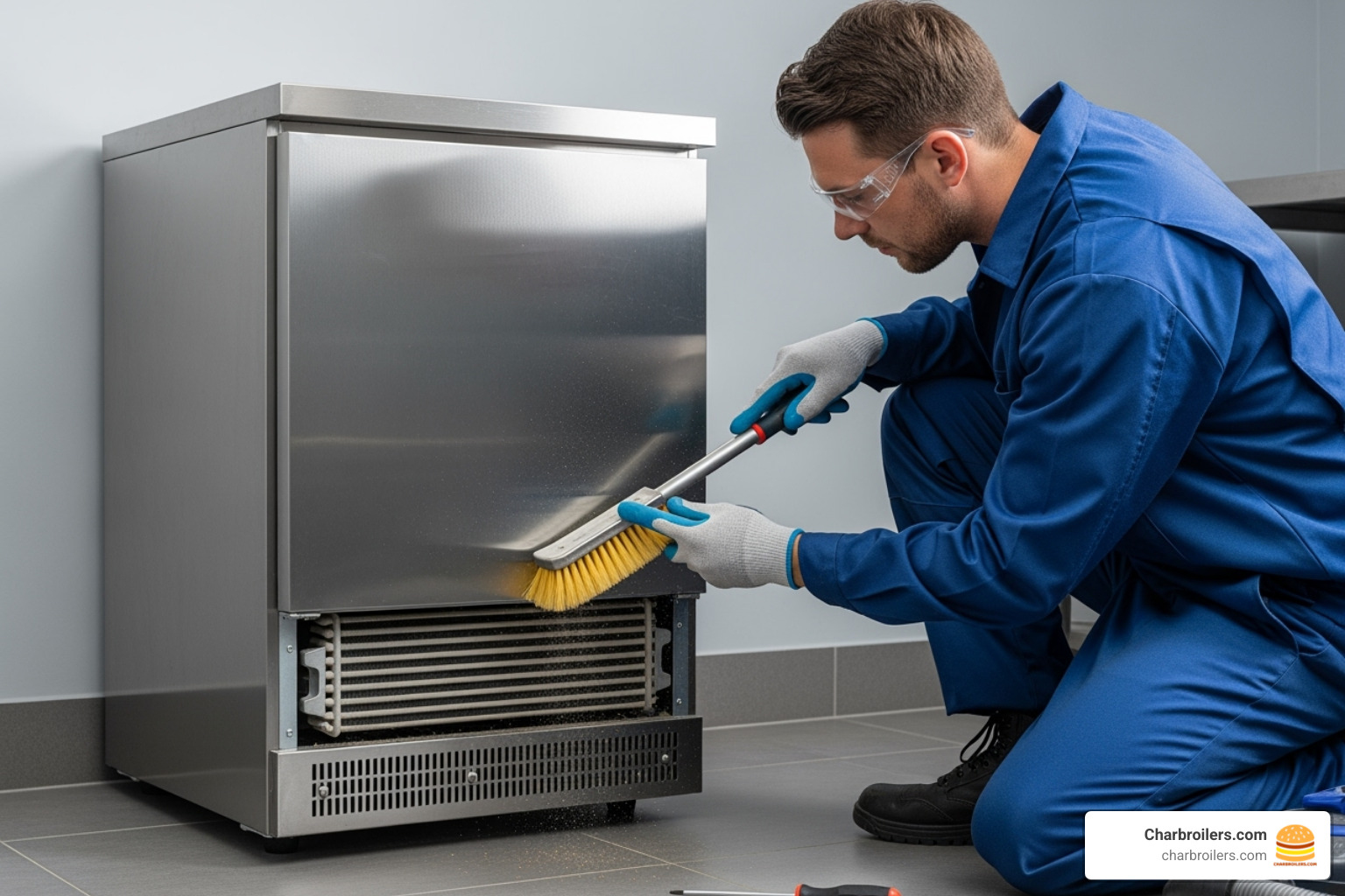 person using a brush to clean the condenser coils - commercial mini fridge person using a brush to clean the condenser coils - commercial mini fridge