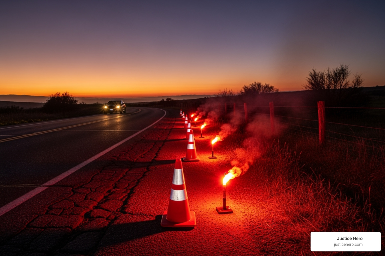 emergency flares or cones on a road at dusk - vehicle accident