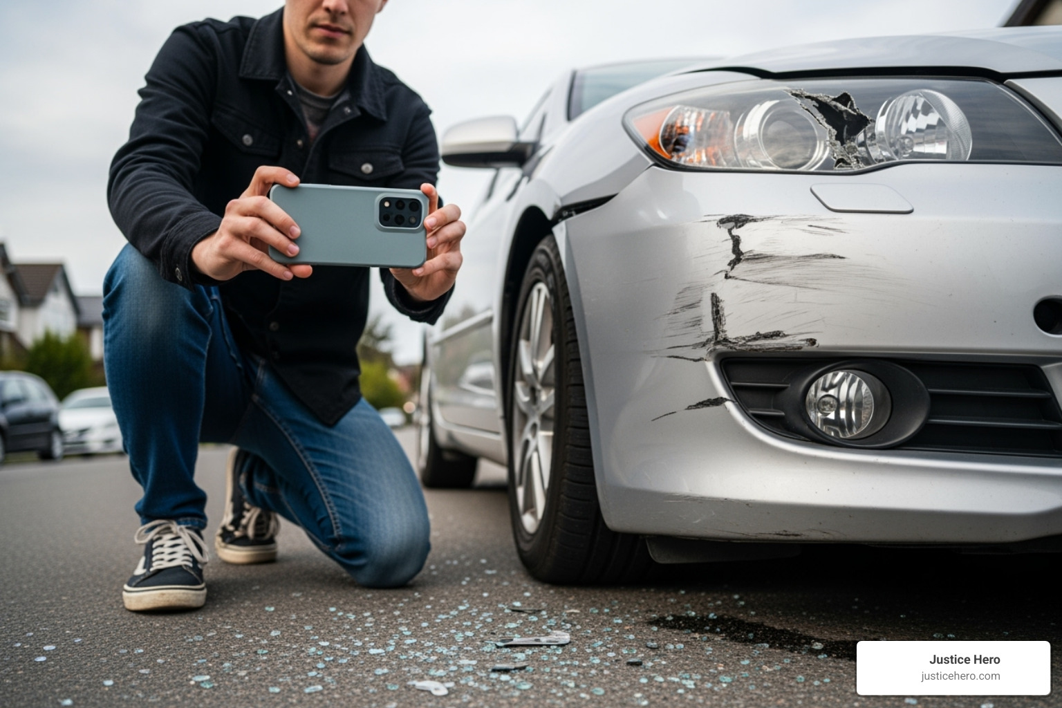 person taking a photo of vehicle damage with a smartphone - vehicle accident