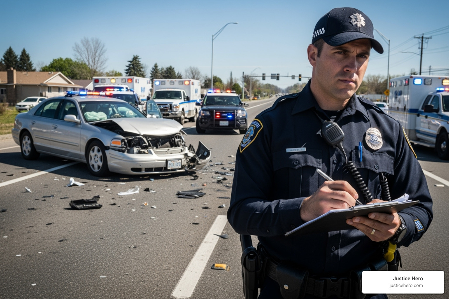 police officer taking notes at an accident scene - vehicle accident