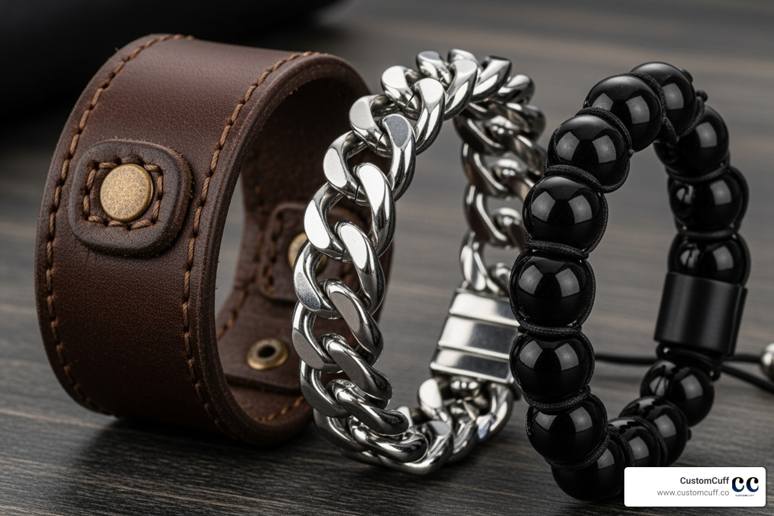 Different bracelet styles: leather, metal chain, and beaded - custom bracelet for him Different bracelet styles: leather, metal chain, and beaded - custom bracelet for him