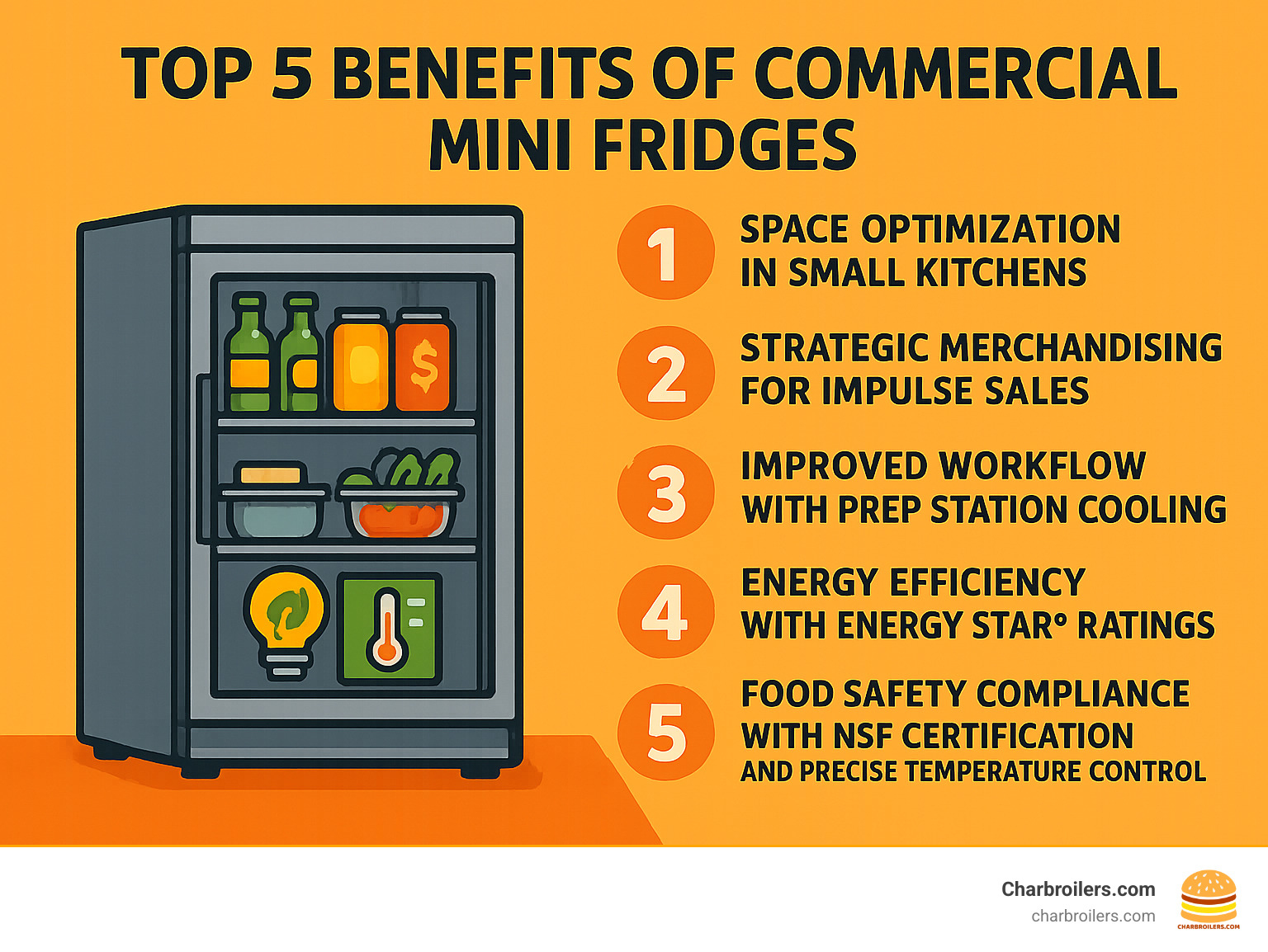Infographic showing the top 5 benefits of commercial mini fridges: 1) Space optimization in small kitchens, 2) Strategic merchandising for impulse sales, 3) Improved workflow with prep station cooling, 4) Energy efficiency with ENERGY STAR ratings, 5) Food safety compliance with NSF certification and precise temperature control - commercial mini fridge infographic Infographic showing the top 5 benefits of commercial mini fridges: 1) Space optimization in small kitchens, 2) Strategic merchandising for impulse sales, 3) Improved workflow with prep station cooling, 4) Energy efficiency with ENERGY STAR ratings, 5) Food safety compliance with NSF certification and precise temperature control - commercial mini fridge infographic
