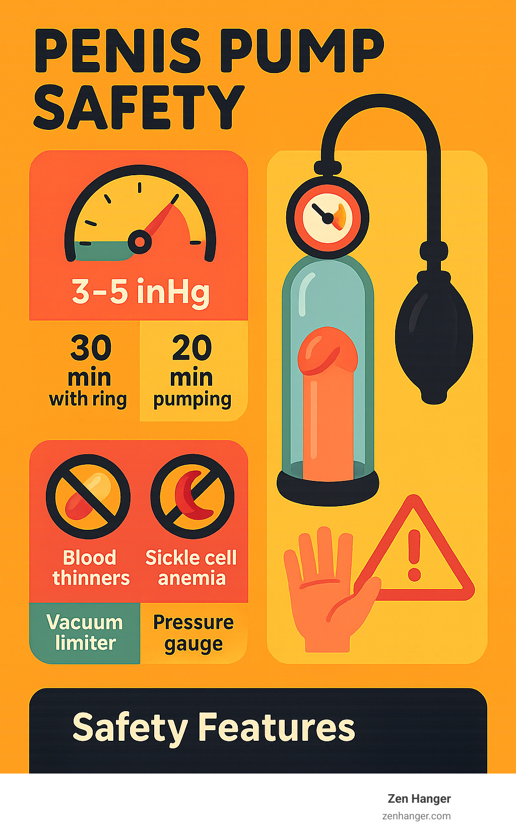 Comprehensive infographic showing penis pump safety guidelines including proper pressure levels (3-5 inHg for beginners, max 10 inHg), time limits (30 minutes with ring, 20 minutes pumping), contraindications (blood thinners, sickle cell anemia), essential safety features (vacuum limiter, pressure gauge, quick-release), step-by-step usage instructions, and warning signs to stop use immediately - penis pump safety infographic 