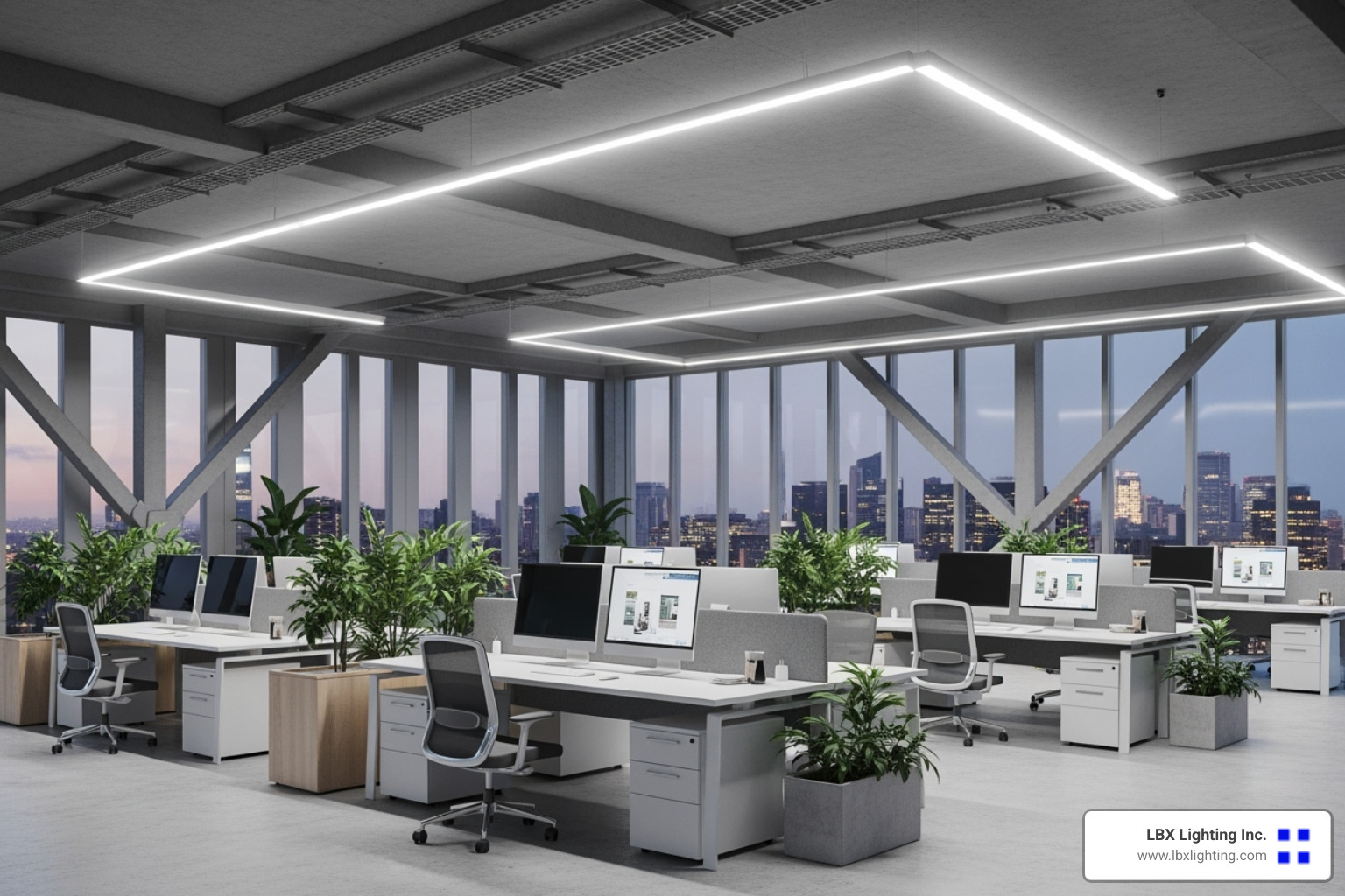 a modern, brightly lit office interior with sleek LED fixtures - lighting repair houston
