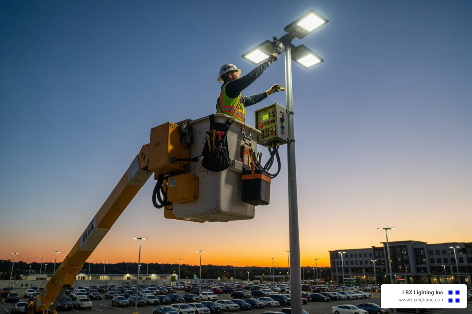 a technician in a bucket truck servicing a tall parking lot light pole - lighting repair houston