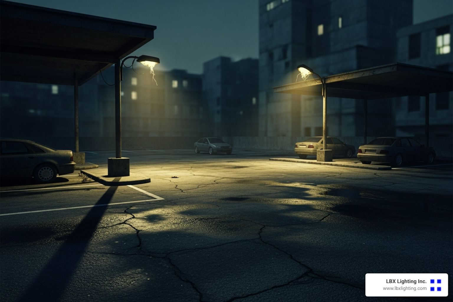 a dimly lit, uninviting parking lot - lighting repair houston