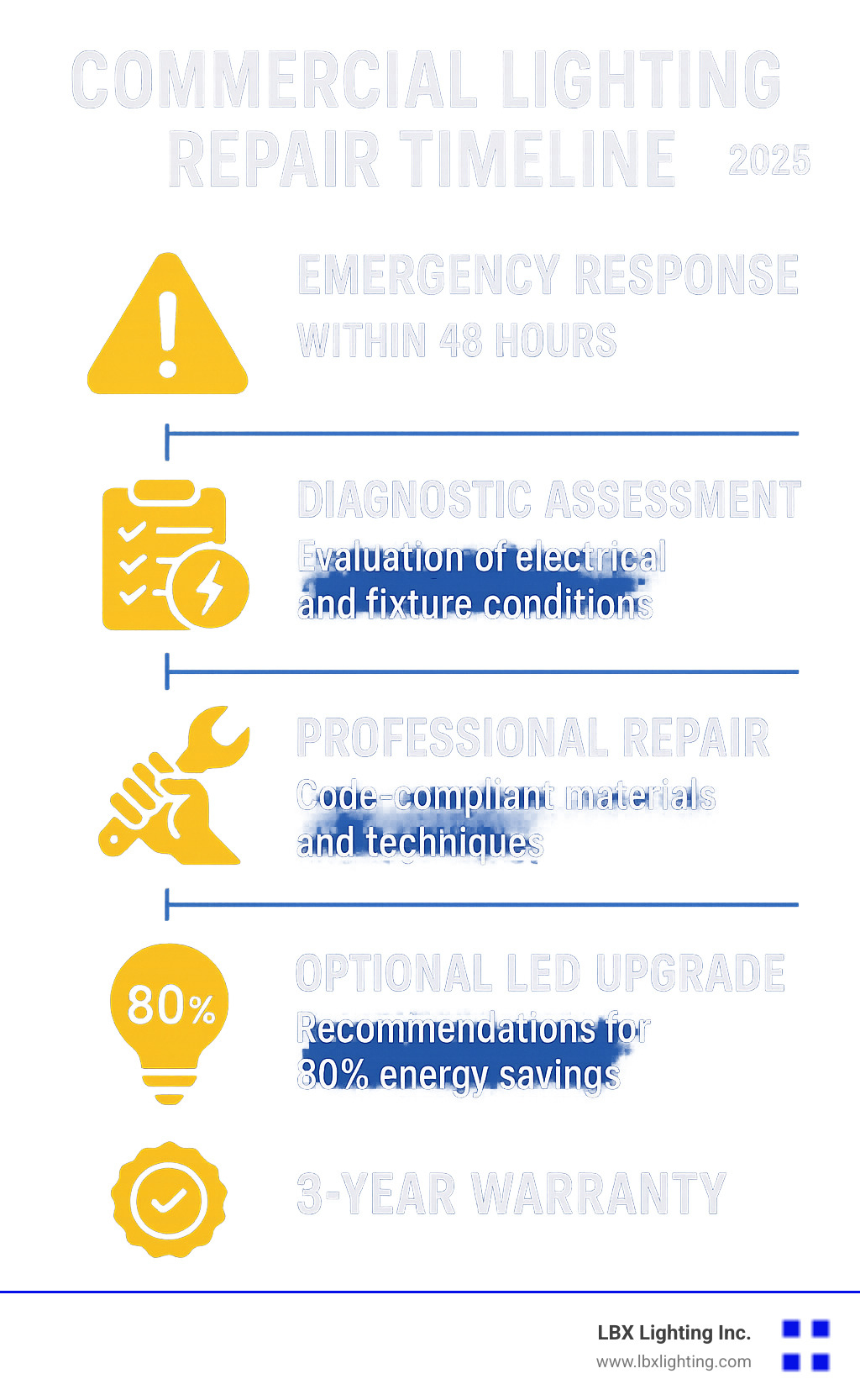 Infographic showing commercial lighting repair timeline: Emergency response within 48 hours, diagnostic assessment of electrical systems and fixture conditions, professional repair using code-compliant materials and techniques, optional LED upgrade recommendations for 80% energy savings, 3-year warranty coverage on installed components - lighting repair houston infographic 