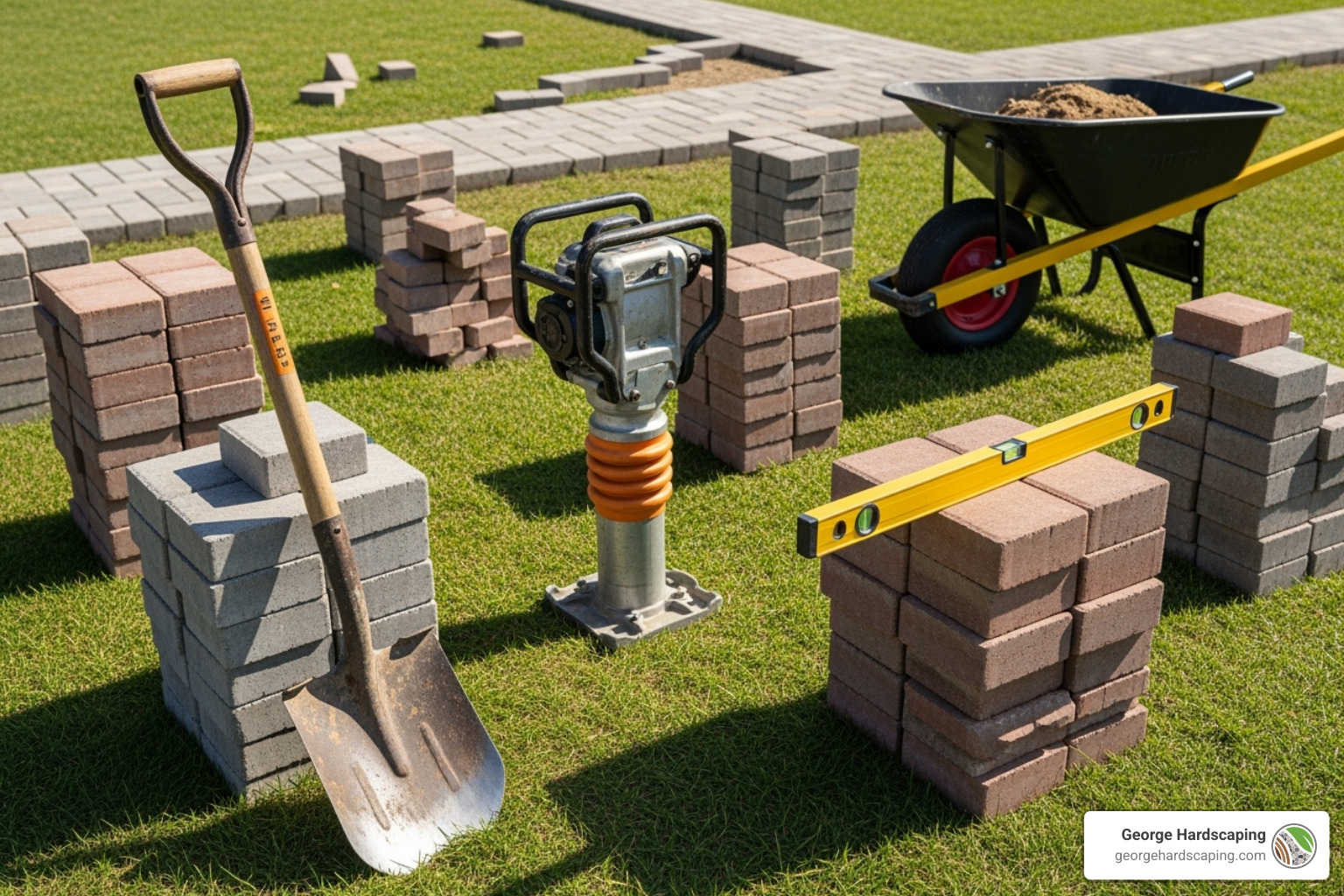 Tools and materials for stone walkway installation, including a shovel, tamper, level, wheelbarrow, and stacks of pavers laid out on a lawn - Stone Walkway Installation