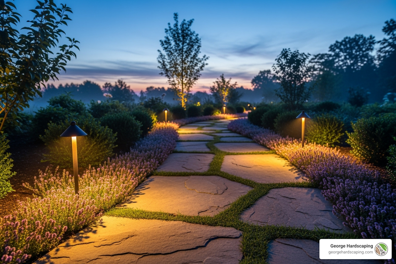 Finished stone walkway at dusk, illuminated by low-voltage landscape lighting, with creeping thyme growing in the joints - Stone Walkway Installation