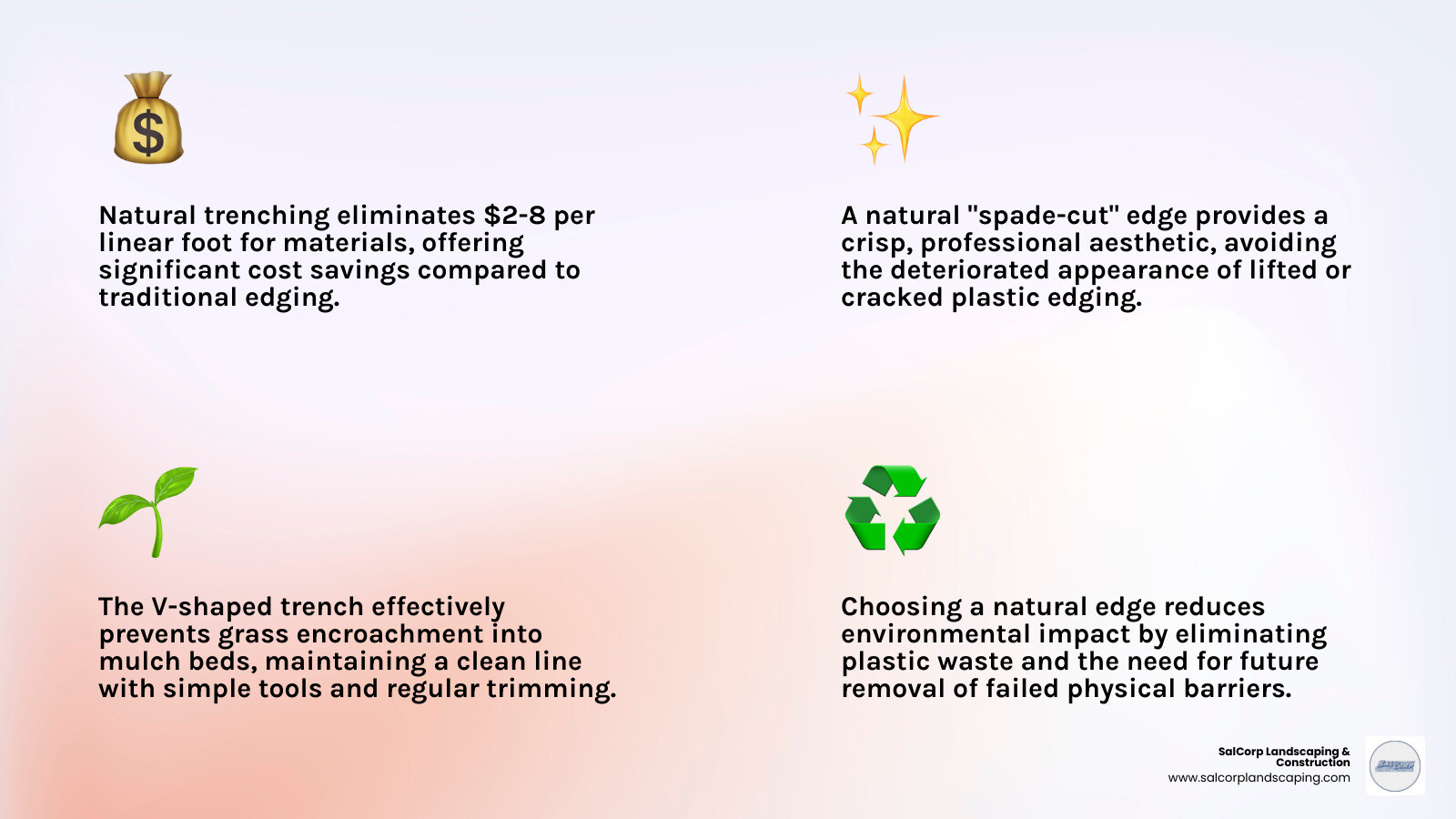 Comparison infographic showing a cross-section view of a natural V-shaped trench edge versus plastic edging installation, highlighting the 45-degree angle cut, mulch placement, and grass barrier effectiveness of the natural method compared to potential lifting and deterioration issues with plastic edging - mulching without edging infographic 4_facts_emoji_light-gradient