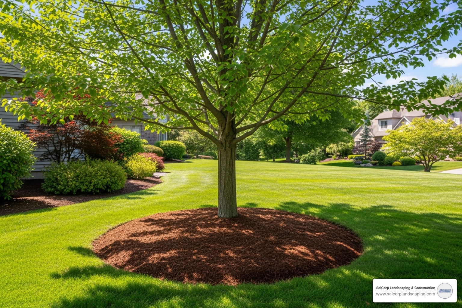 properly mulched tree - mulching without edging