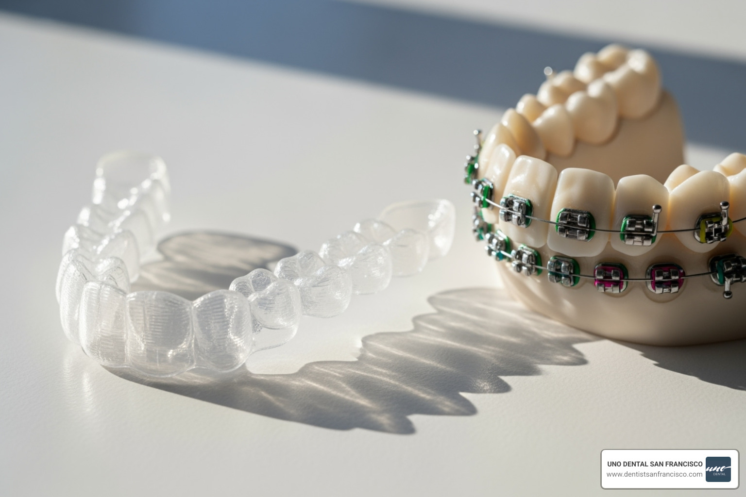 clear aligner tray next to traditional metal braces - clear aligner payment plan