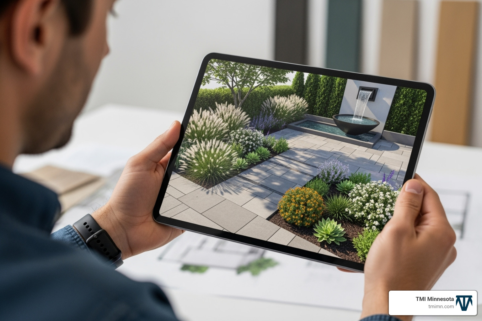 A landscape designer working on a tablet showing a 3D rendering of a backyard - landscape design experts A landscape designer working on a tablet showing a 3D rendering of a backyard - landscape design experts