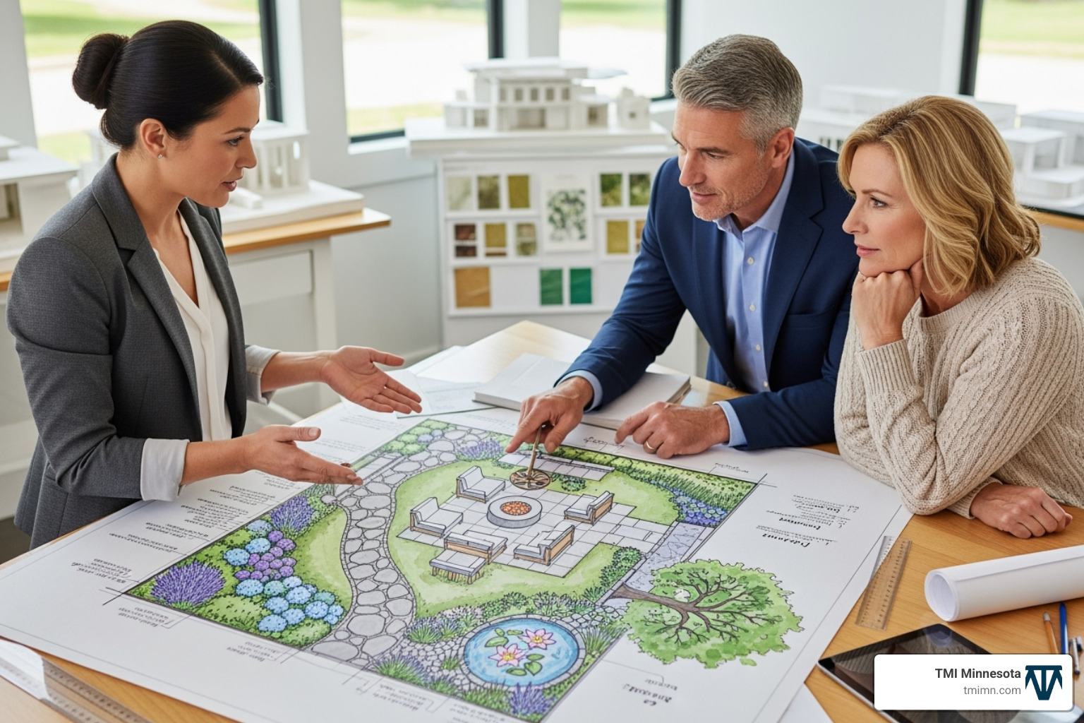 A landscape architect presenting a design plan to clients - landscape design experts A landscape architect presenting a design plan to clients - landscape design experts