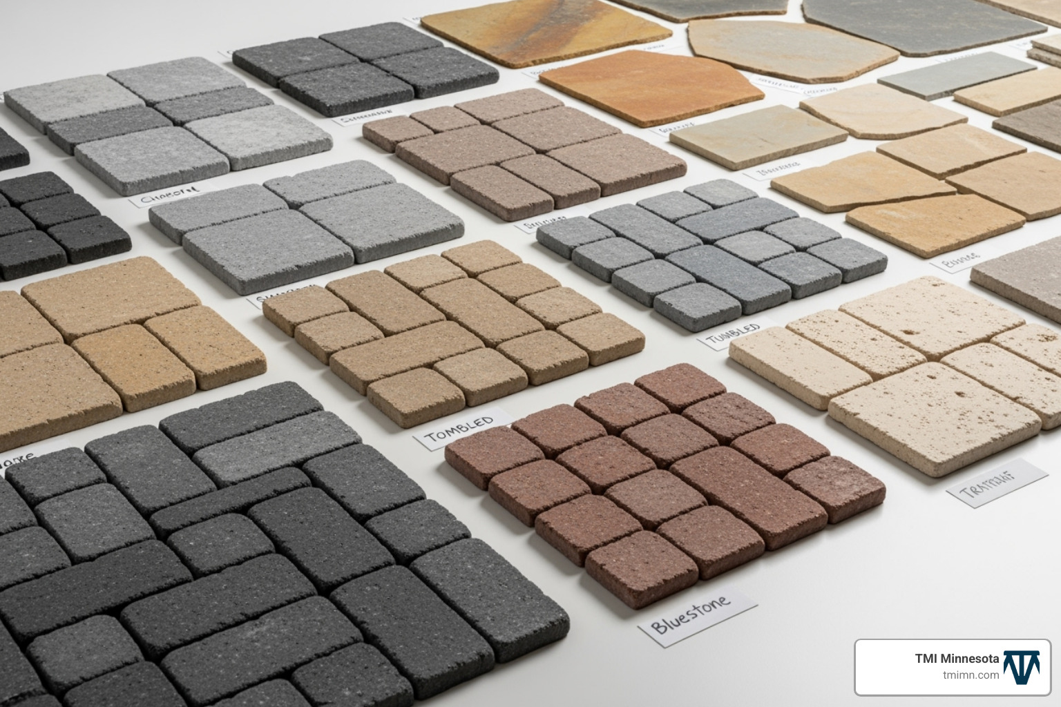 A variety of hardscape material samples like pavers and natural stone - landscape design experts A variety of hardscape material samples like pavers and natural stone - landscape design experts