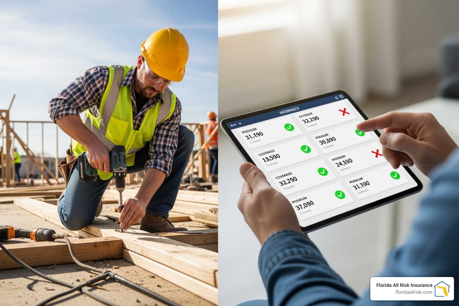A split screen showing a subcontractor working on-site on one side and then later comparing insurance quotes on a tablet on the other side, illustrating the balance between work and smart financial management.