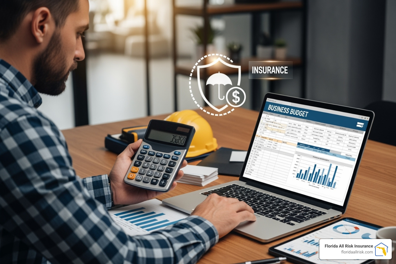 A subcontractor using a calculator and laptop to budget for business expenses, with an icon representing an insurance policy floating above, symbolizing financial planning for insurance.