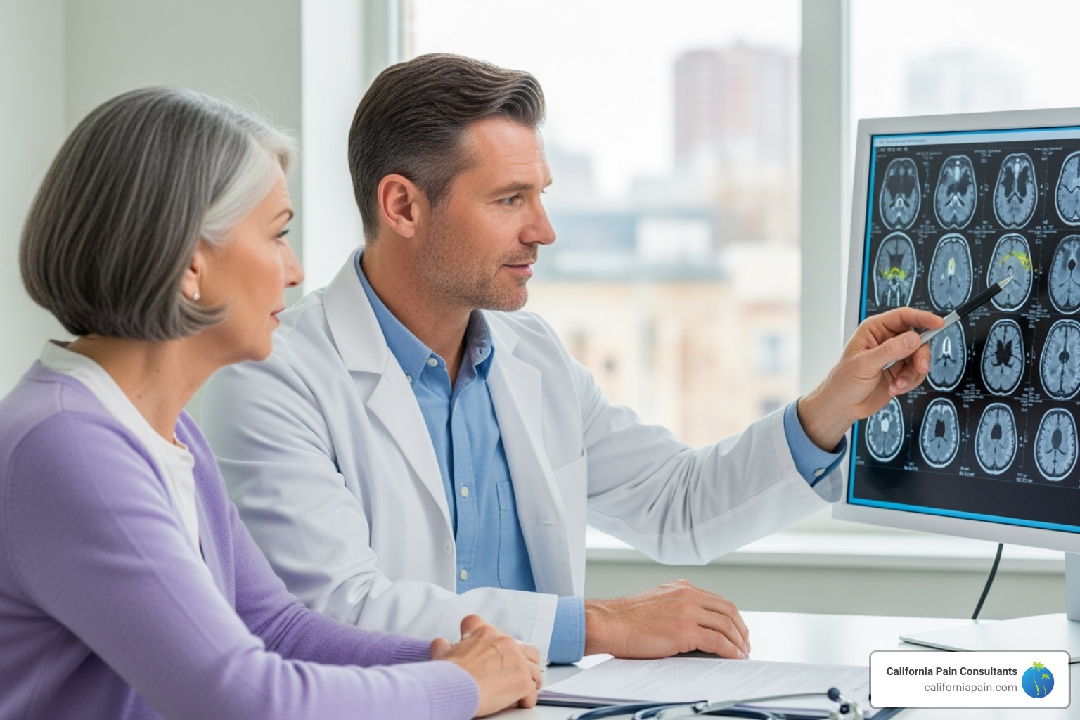 Doctor reviewing an MRI scan with a patient - severe pain